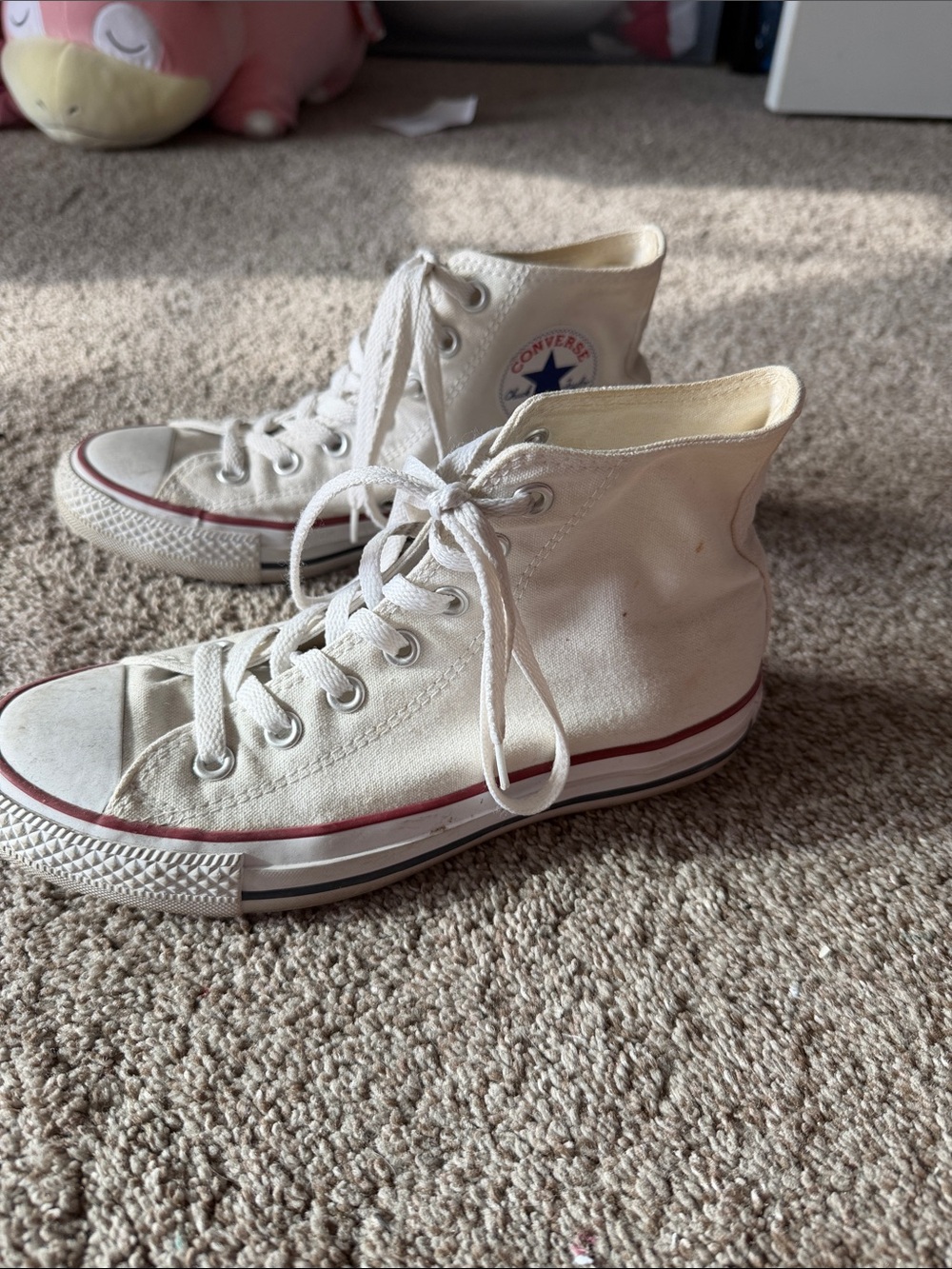 Converse High Top Sneakers in Off-White with Red & Black Accents